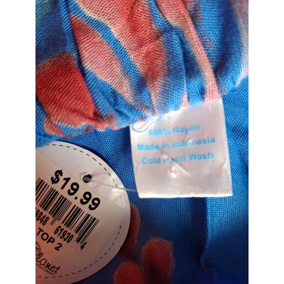 Island Planet Womens  Blouse One Size Blue Floral Embroidered Rayon Boho Peasant - Picture 5 of 8